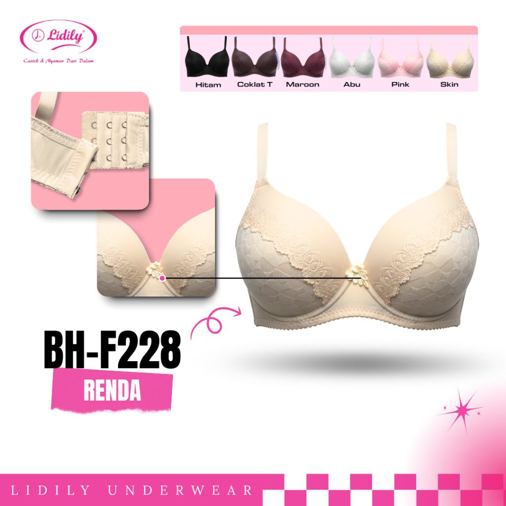 LIDILY Bra ไม่มีลวดโฟม Bra 3 ตะขอเทียบเท่ากับถ้วย AB 3/4 ถ้วยชุดชั้นในทุกวัน BH F228