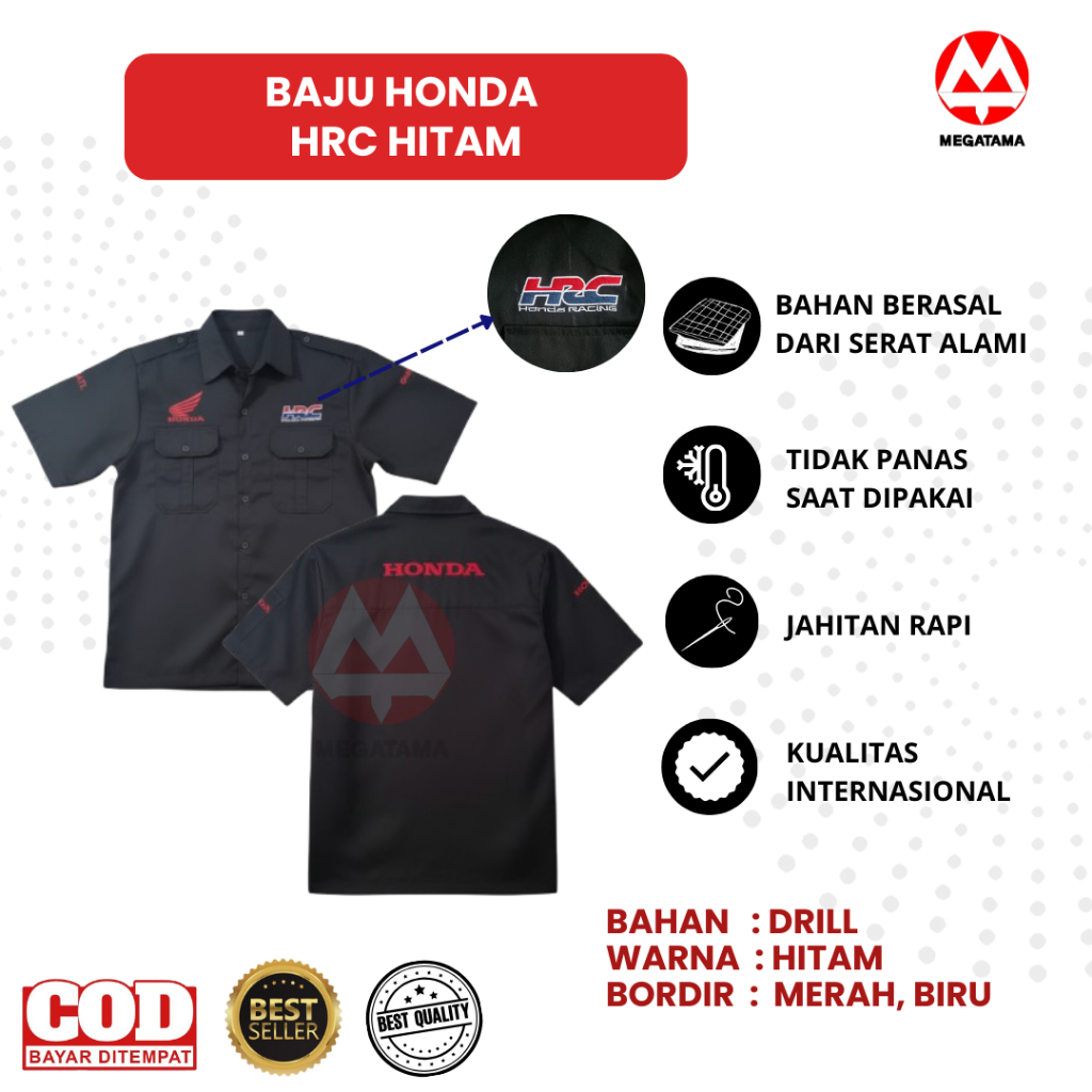 KEMEJA Honda HRC เสื้อเชิ้ตมาตรฐานผู้ชายสีดํา | ชุด HRC | เสื้อทํางาน Honda HRC | เสื้อยานยนต์ฮอนด้า