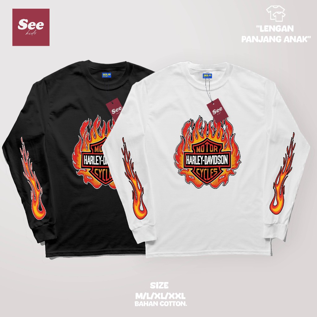 HARLEY DAVIDSON เสื้อยืดเด็กแขนยาว Fire Motif อายุ 1-12 ปี | เสื้อรถจักรยานยนต์แขนยาวสําหรับเด็ก