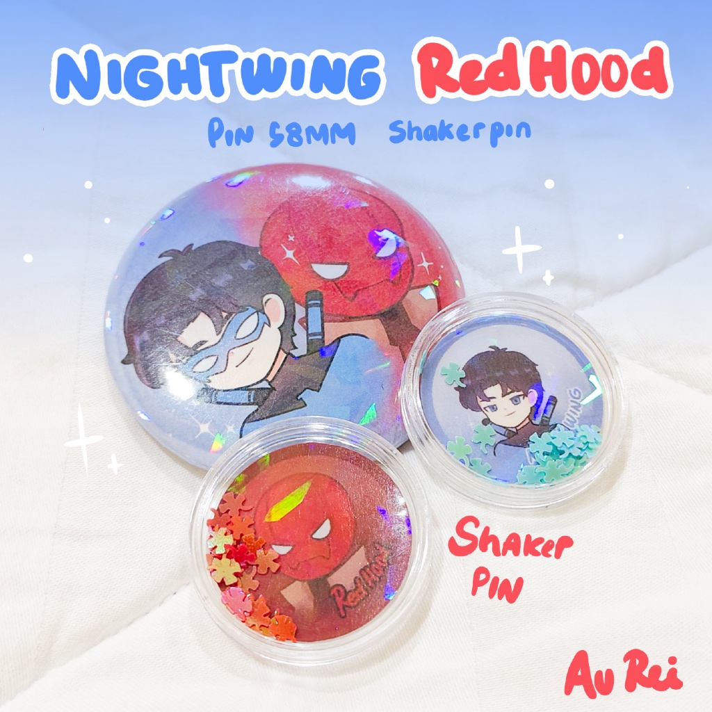 Dynamic duo redhood & nightwing shaker & pin button Fan merch by au rei