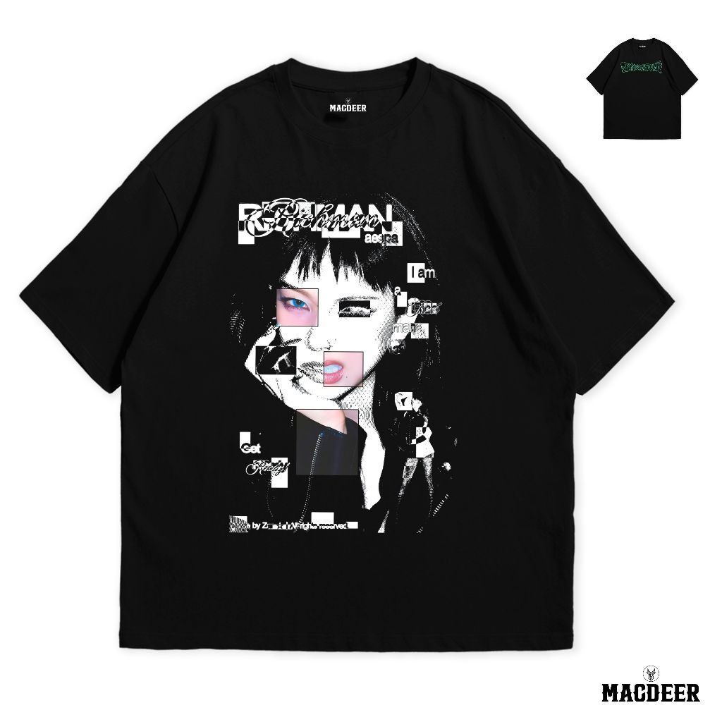 MACDEER เสื้อยืด Oversize Aespa Kpop Black Tshirt ปกติสีดํา AESPA เสื้อยืด 1-14