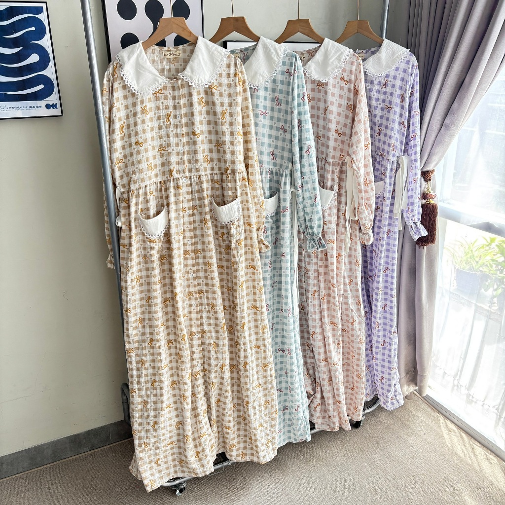 NINA Long Dress Pocket Sailor Collar - Elegant Full Button Coquette Dress