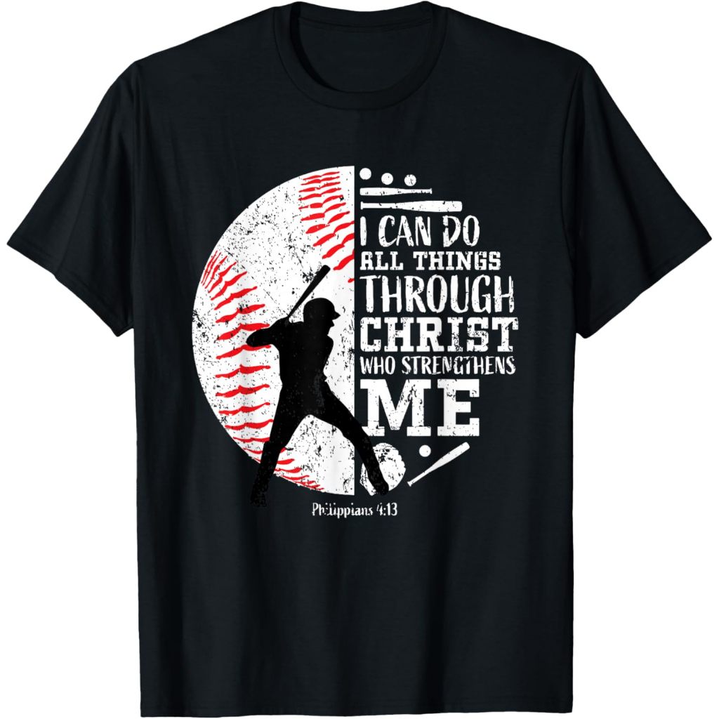 Philippians 4:13 Baseball Player Graphic with Bible Verse Kids T-Shirt
