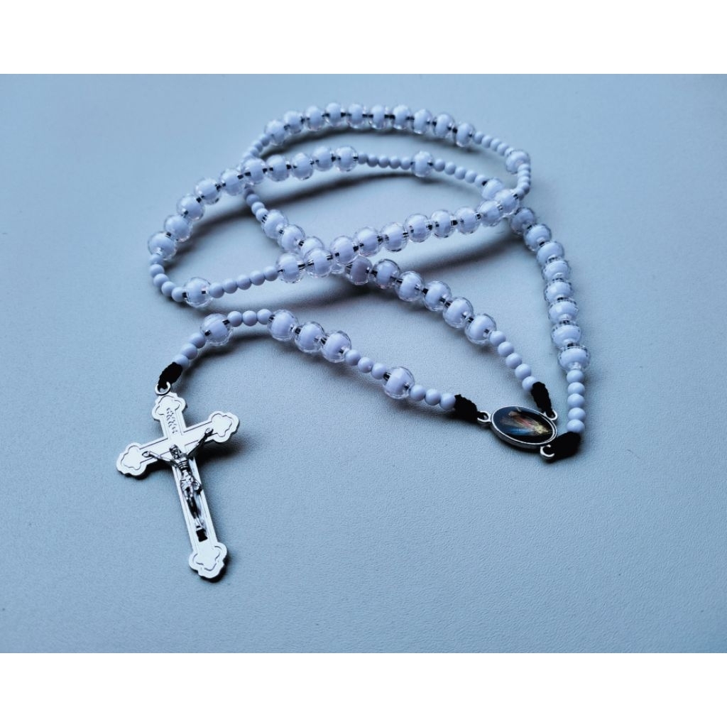 R73 ROSARY PEARL CONTENT WHITE BALL LUXURY SILVER CROSS CATHOLIC