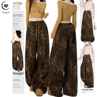 Veegirl  Celana S-5XL Wanita Motif Denim Leopard Kekinian High Waist Tali Serut Model Longgar dan Nyaman