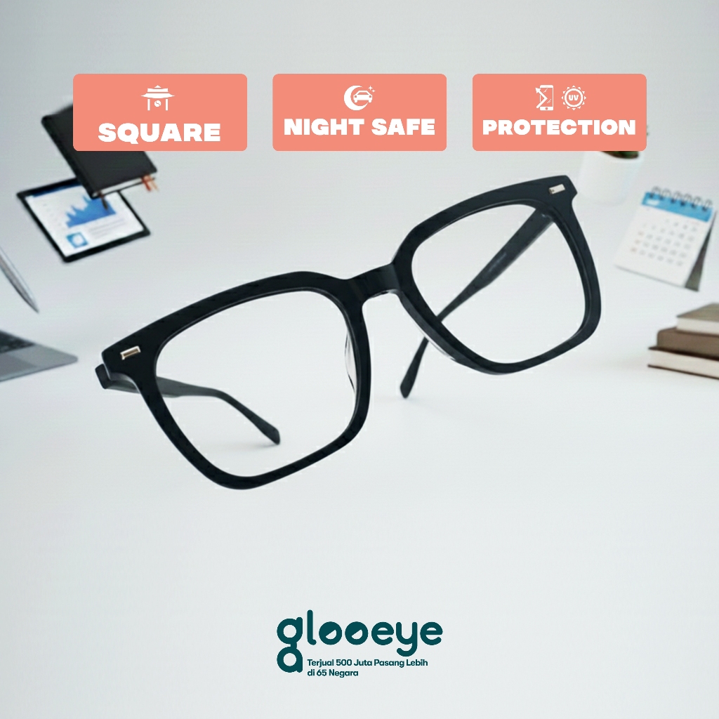 กรอบแว่นตาทรงสี่เหลี่ยม Glooeye GG-F6007 (เลนส์แยกลบ) Anti UV & Blue Light + ตู้เซฟสําหรับ Night dri