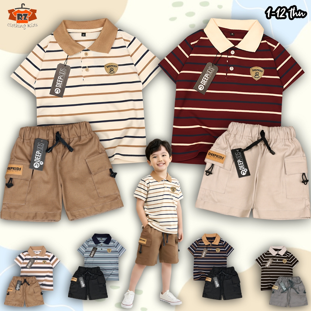 เดฟคิดส์ ชุดเด็กผู้ชายลายคอปกเสื้อยืด & กางเกงคาร์โก้สั้นทําจาก 24ส ซีวีซี ฝ้าย & เบี้ยประกันภัย ฝ้า