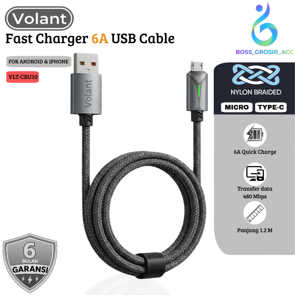 VOLANT Fast สายชาร์จข้อมูล 6A Micro TYPE C สายชาร์จ Anti-Tangle USB to C 1.2M VLT-CBU10 สายเคเบิลข้อ