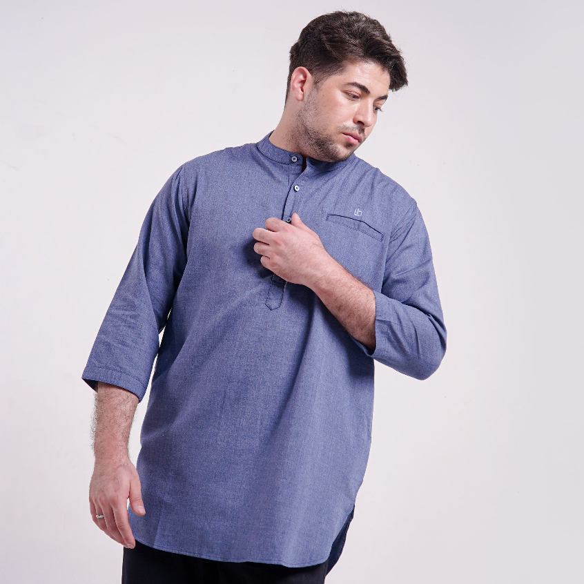 LUQMAN HAKIM - Kurta Azkha Blue - Pakistani Kurta 7/8 Sleeve Cotton TR Sunnah Material - Kurta Men A