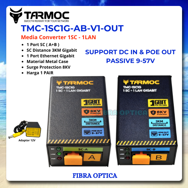 Tarmoc TMC-1SC1G-P-V1-OUT | Media Converter 1FO 1LAN / 1 FO 1 LAN Gigabit POE IN POE out 9-57 Volt |