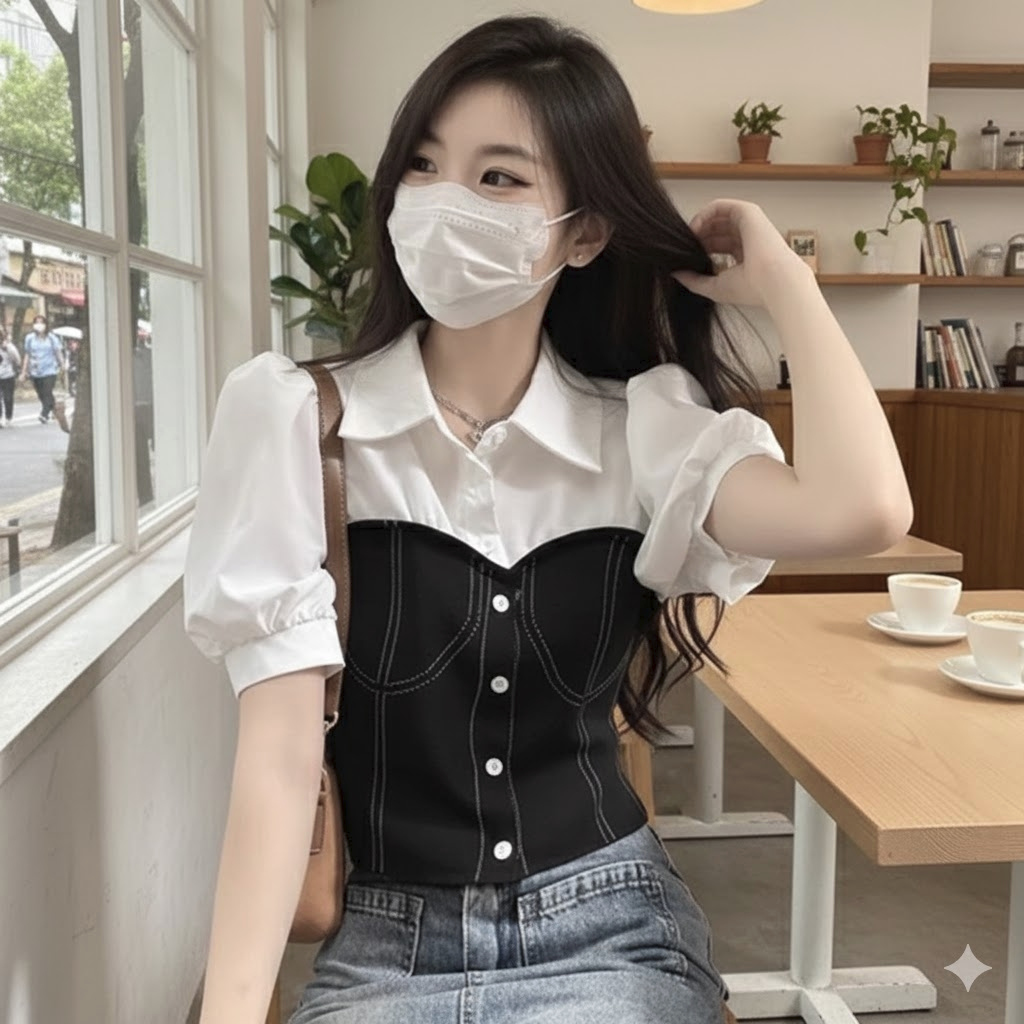 Dahyun 2in1 Knit Blouse เสื้อเบลาส์สไตล์เกาหลี -01 เสื้อเชิ้ตแขนสั้น dahyun