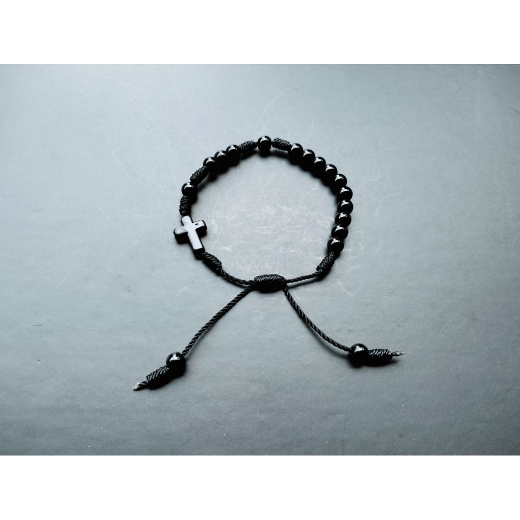 G1056 BLACK HEAVY PEARL CROSS ROSARY BRACELET 6MM CATHOLIC BRACELET