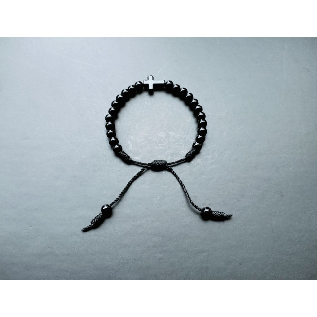 G1058 BLACK HEAVY PEARL CROSS BRACELET 6MM CATHOLIC CHRISTIAN BRACELET