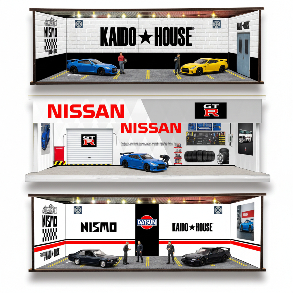 KRMK DIORAMA GARAGE 1/64 GARAGE DATSUN NISSAN NISMO SKYLINE GTR KAIDO HOUSE พร้อมหลอดไฟ LED