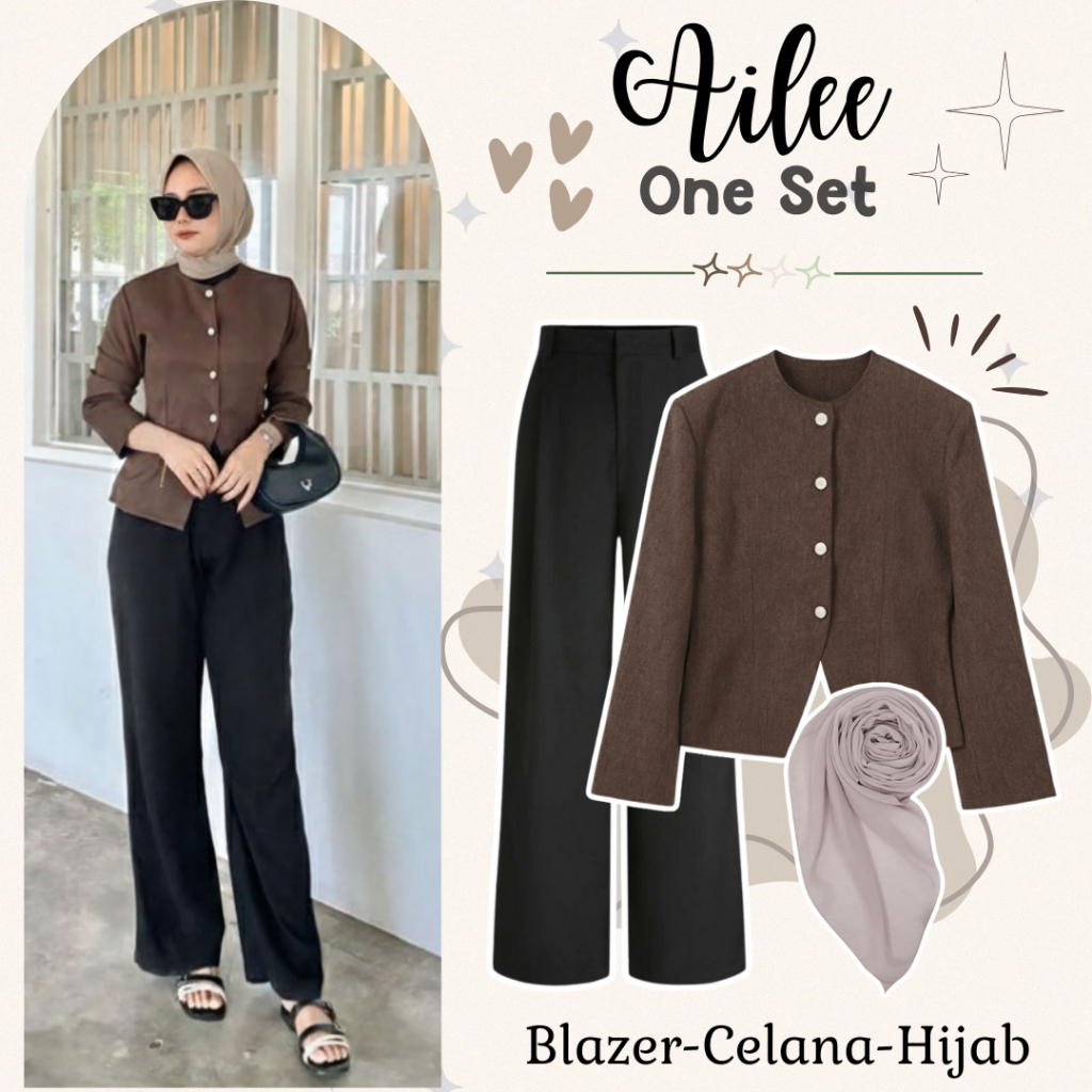 Ailee Outfit Set for Women Hijab (เสื้อเบลเซอร์ช็อคโกแลต, Culottes, Bella Square) One Set Hangout - 