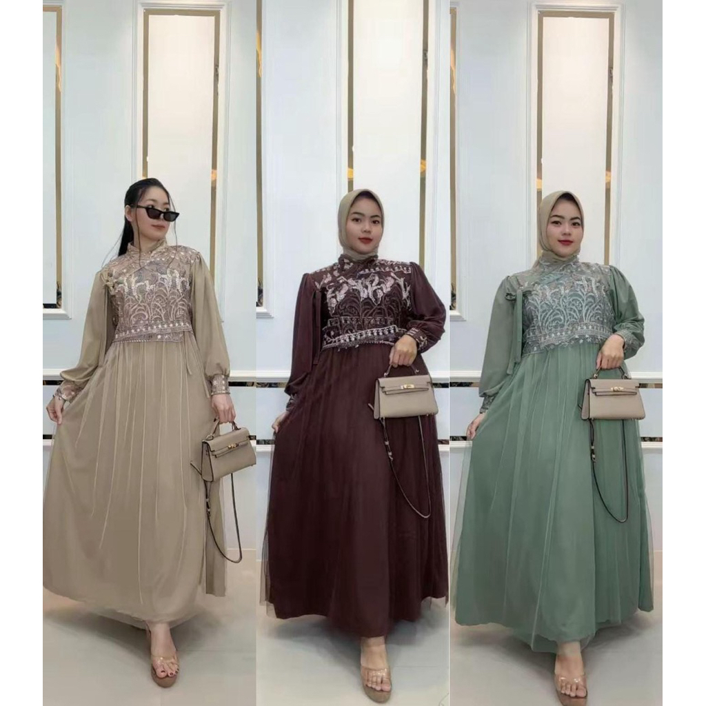 ALZETA DRESS GAMIS LEBARAN TULLE EMBROIDERY MIX TULLE PLAIN SMOOTH