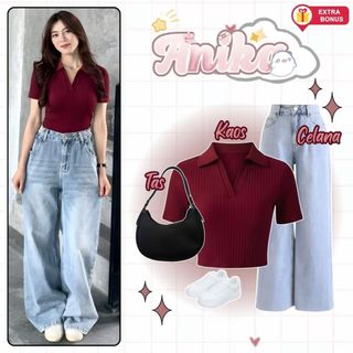 One set 3in1 kaos crop berkerah celana kulot jeans tas sabit | ootd outfit coquette classy skena pastelly stargirl kalcer oneset setelan wanita anak perempuan remaja style hangout ngopi nongkrong kuliah KR338