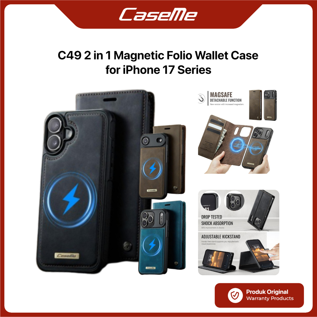 CASEME Case iPhone 17 Pro Max Air CASEME C49 2 in 1 Magnetic MagSafe Folio Wallet Kickstand Stand Op