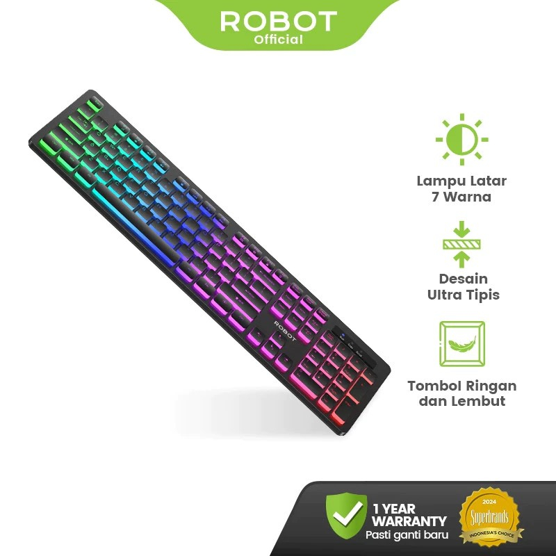 ROBOT 7 Color Backlit Wired Keyboard Ultra Thin RGB Ergonomic Silent Office Keyboard RK40 - รับประกั