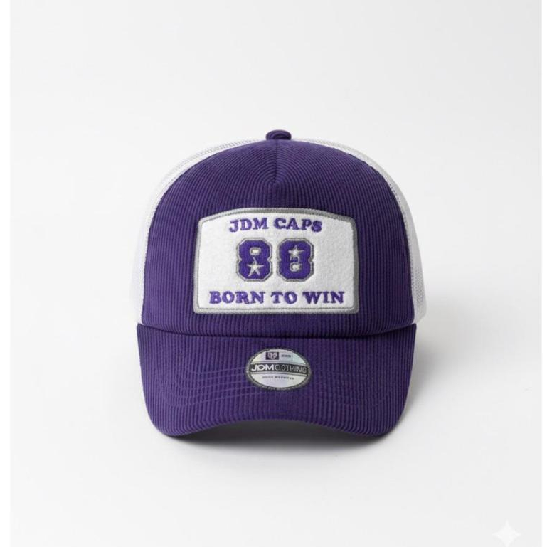 UNGU JDMCAPS - หมวก Trucker Corduroy สีม่วงพร้อมตาข่ายปัก 88 Born To Win Short Visor สําหรับผู้ชายแล