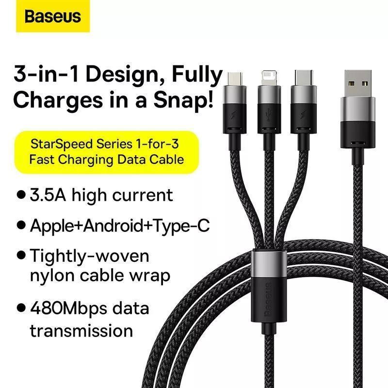 Baseus 3 in 1 Usb to M+C+L 3.5A StarSpeed Fast Charging Data Cable - สีดํา 60CM