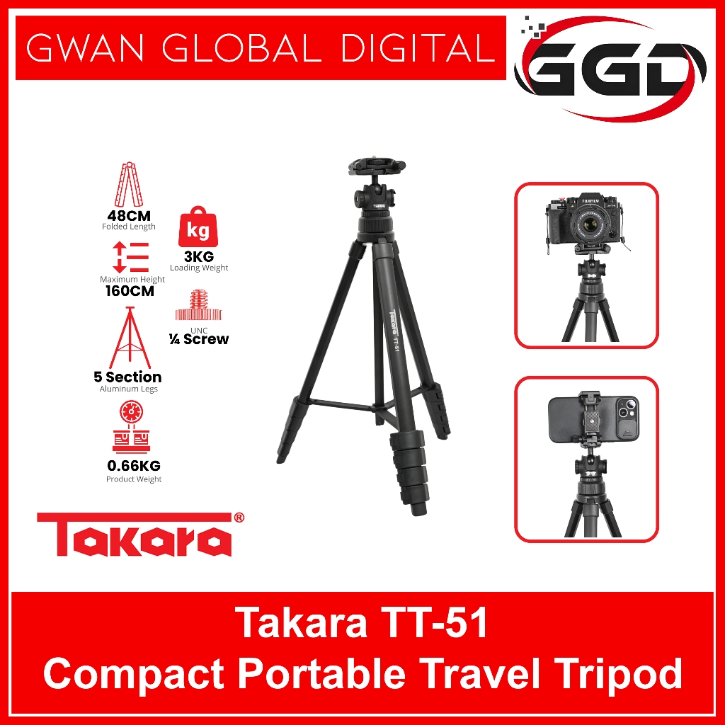 Takara TT 51 ที่วางขาตั้งกล้องพร้อมหัวบอลสําหรับกล้องและสมาร์ทโฟนขนาดกะทัดรัดและพกพา Traveler ขาตั้ง