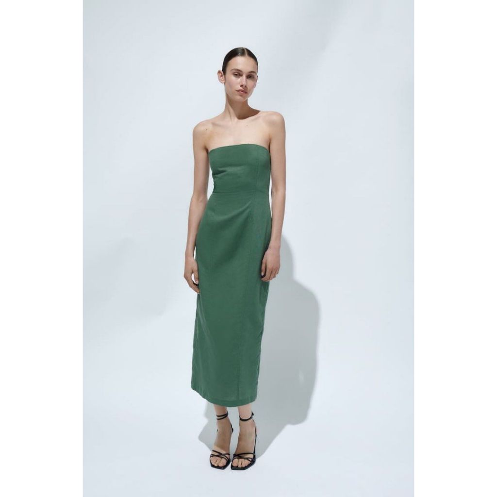 ZARA GREEN STRAPLESS LINEN BLEND MIDI DRESS