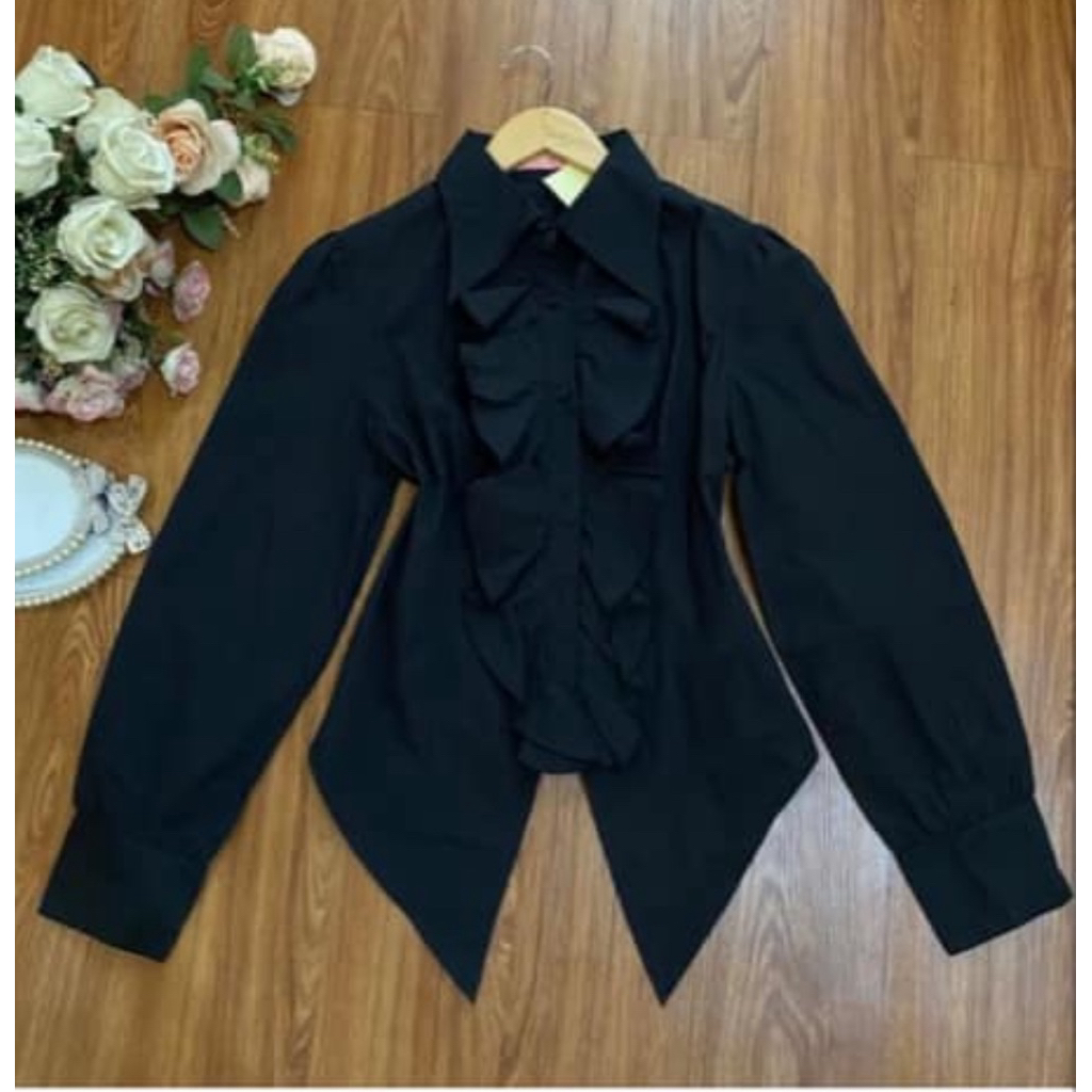 Ouji Lolita Top Kawaii Bodyline สีดํา Ruffle Emo Gothic เสื้อ Top