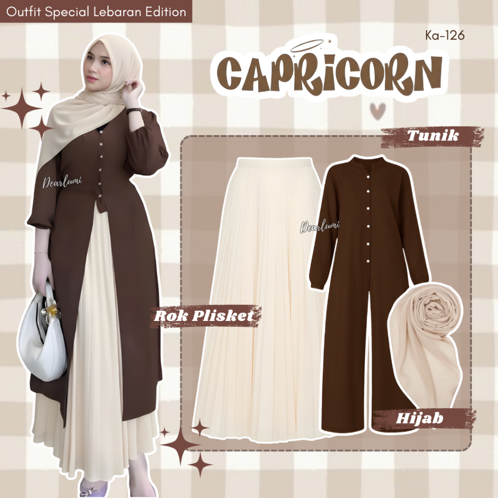 Dearlumi - 3in1 ล่าสุด 2026 Eid suit (yrin unit + กระโปรงจีบ + bella square hijab) ชุดมะฮอกกานีหรูหร