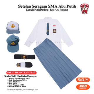 Setelan Super Lengkap Seragam Sekolah SMA SMK Abu Putih Anak Perempuan Baju Putih Lengan Panjang Rok Abu Panjang Cewek