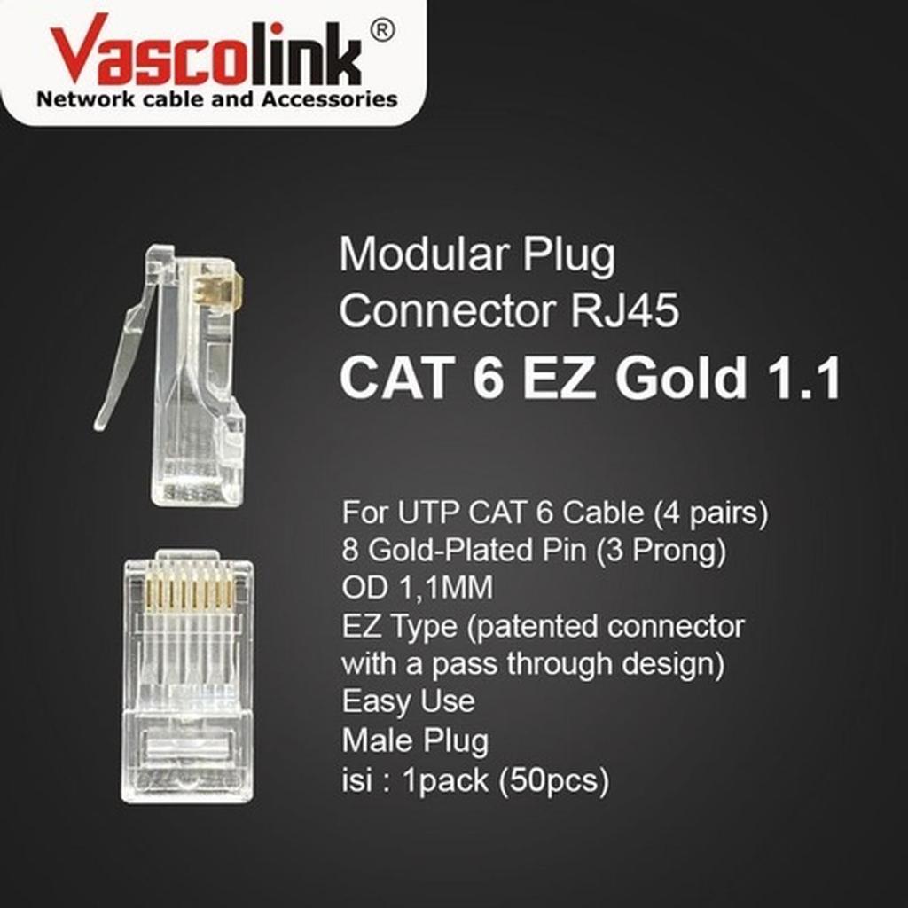 Vascolink RJ45 Connector RJ45 Cat 6 Gold Connector | RJ 45 Cat6 Vascolink 50 ชิ้น