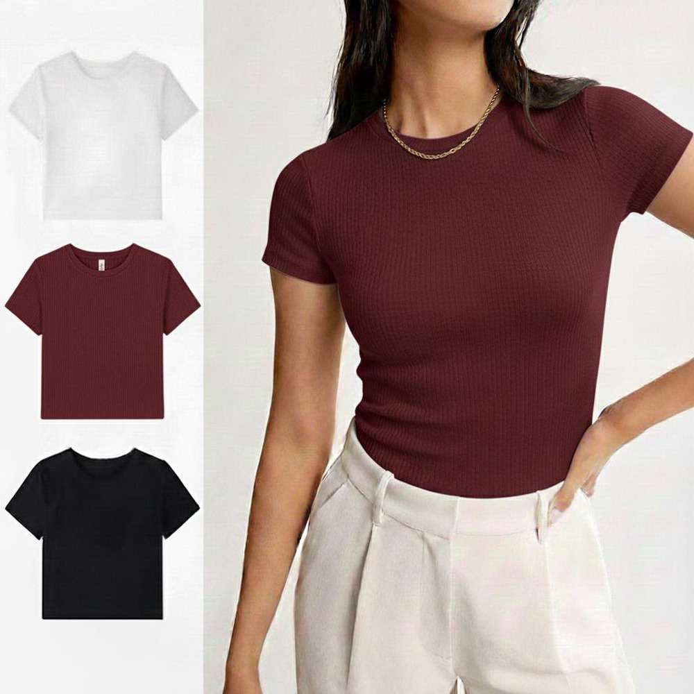 PLATINUM WORLD เสื้อยืด Top Knit Regular Plain O Neck Fit Body - เสื้อยืดธรรมดาผู้หญิง F2