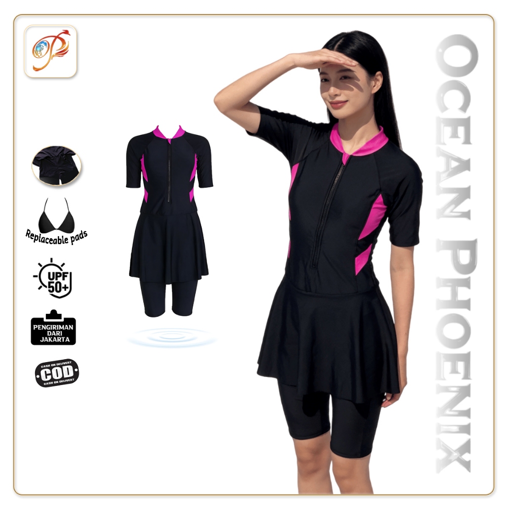 Ocean Phoenix - ชุดว่ายน้ําสตรีกระโปรงวันพีซแขนสั้นธรรมดาขนาด M-4XL สีชมพู 39089-4