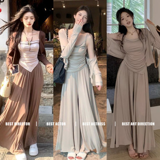 Set Tiga Potong Wanita Strecth Kasual Suspender Lengan Panjang