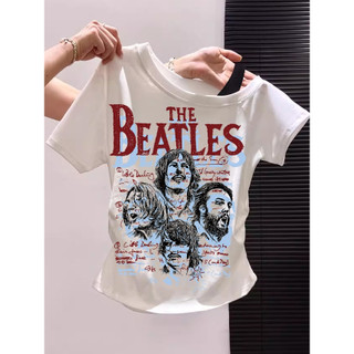 fpy Remay Sabrina: Kaos Wanita Tali Bahu Off-Shoulder The Beatles Retro Korean Style /330