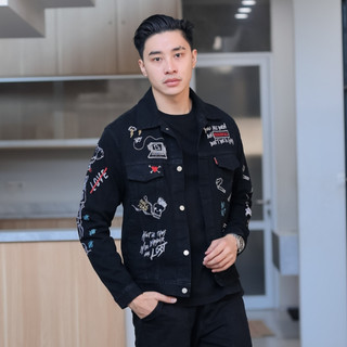 OVERBLUE Jaket Jeans Pria Hitam Premiun - Grafity 01,  Denim tebal wash, Full Bordir, Original, Kekinian, Bohostyle