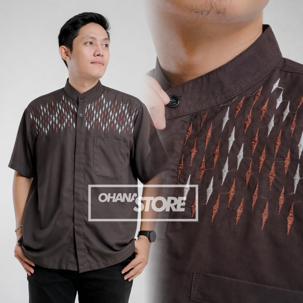 KEMEJA เสื้อเชิ้ตแขนสั้นผู้ชาย Koko ปักลายมะฮอกกานี - ร้าน Ohana