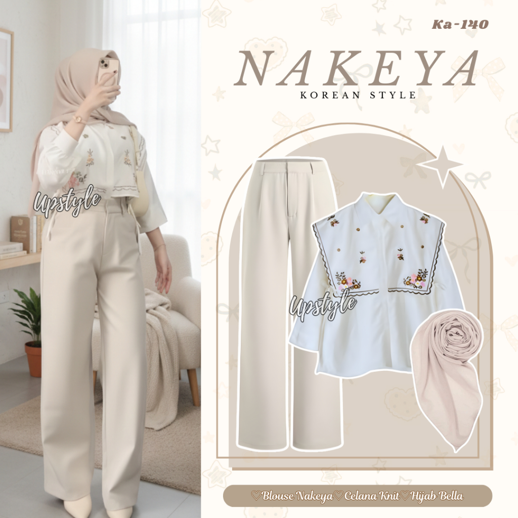 Eid Outfit Series สําหรับผู้หญิงวัยรุ่นยุคใหม่ (เสื้อ Nakeya + กางเกงถัก + Bella Square Hijab) Natur