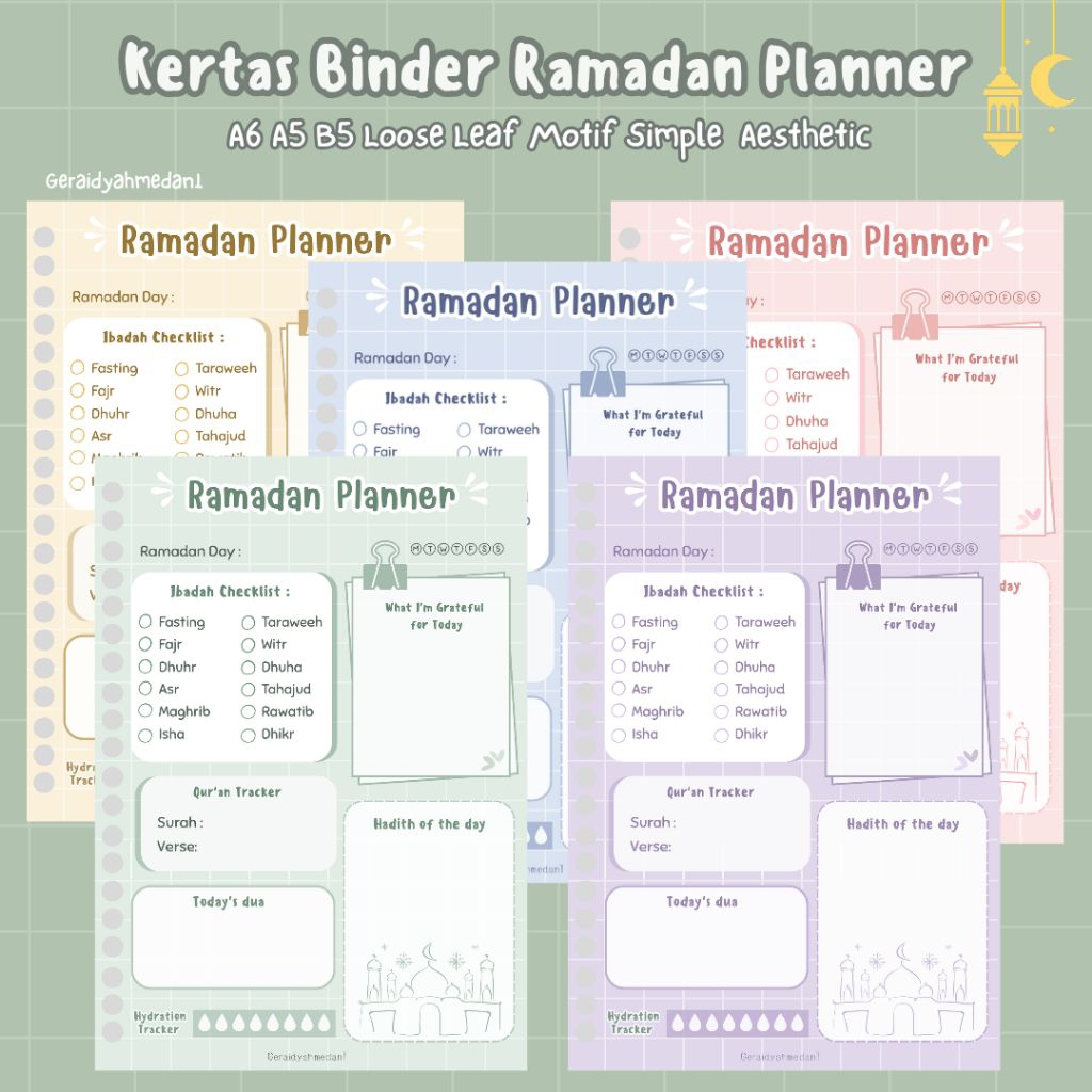 Ramadan Planner Binder Paper A6 A5 B5 Loose Leaf Simple Aesthetic Motif