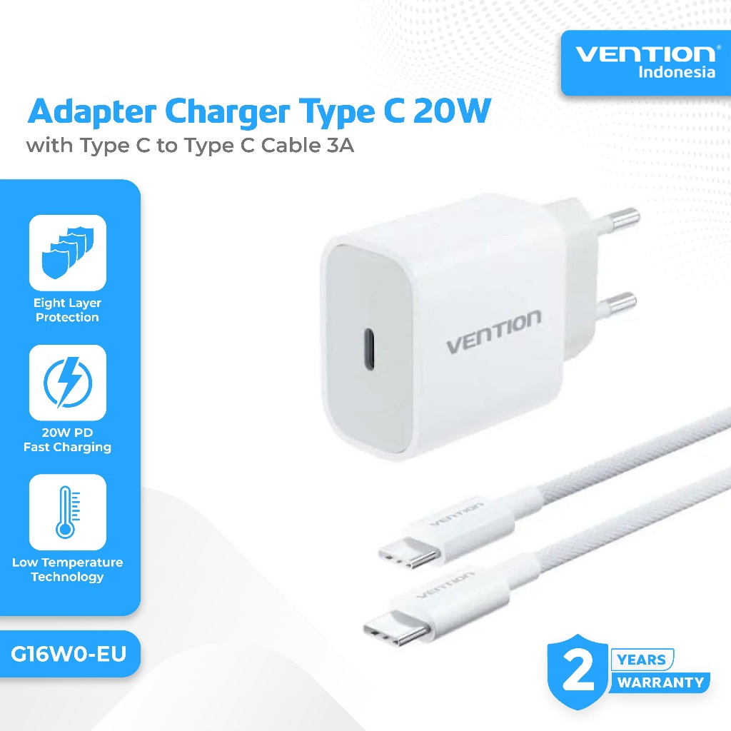 VENTION G16W0-EU Charger ชุด 20W 3A PD Fast Charging Type C พร้อมสายประเภท C ถึง C 3A 60W 1M สายถัก