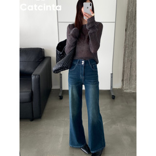 CATCINTA C04 Celana Jeans Wanita High Waist Wide Leg Biru Denim Gelap Cuci Retro Tekstur Tua Lembut Nyaman Dipakai Tanpa Kekangan