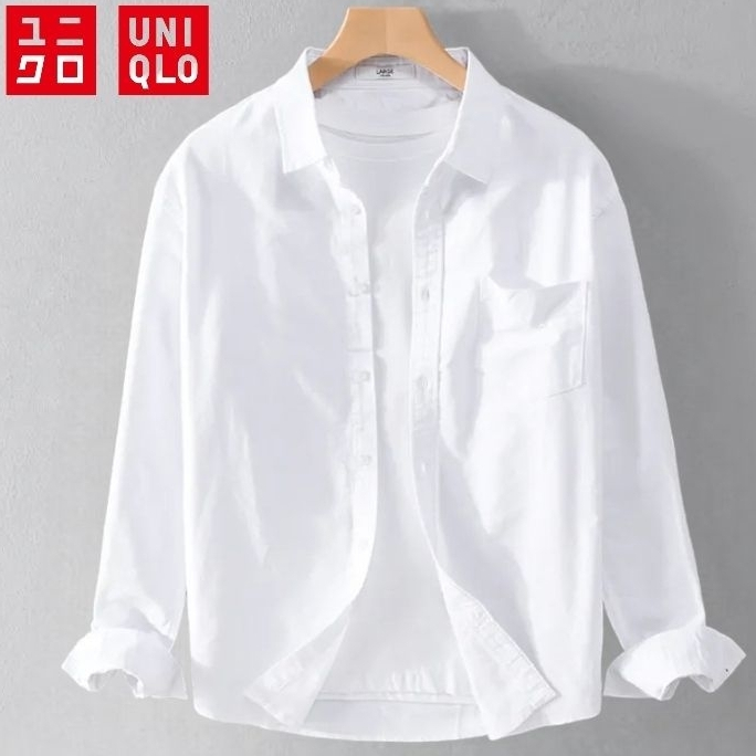 KEMEJA UNIQLO เสื้อเชิ้ตแขนยาวลําลองผู้ชายทรงสลิมฟิตสีขาว