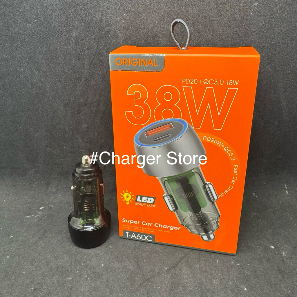 อะแดปเตอร์ชาร์จรถยนต์ PD 38W USB-A + USB-C จอแสดงผล LED Light Saver รถ PD20W + Power Quick Charge 3.