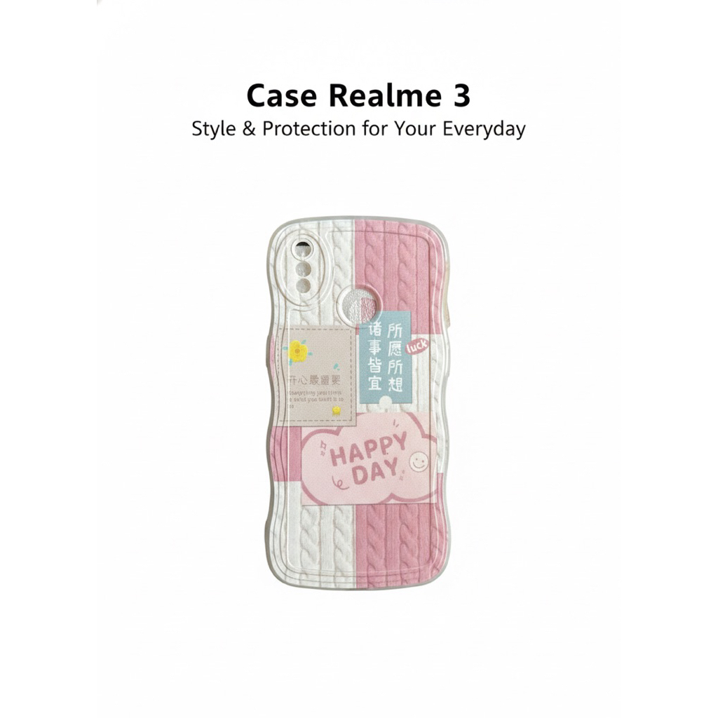 HP Realme 3 3i Softcase Wave Knit Pink White Aesthetic Cute Phone Case Happy Day & Luck Motif Premiu