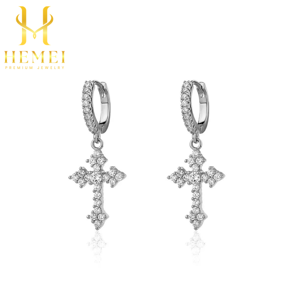 HEMEI E05 SILVER CROSS EARRINGS LUXURY CROSS EARRINGS แฟชั่นผู้หญิง