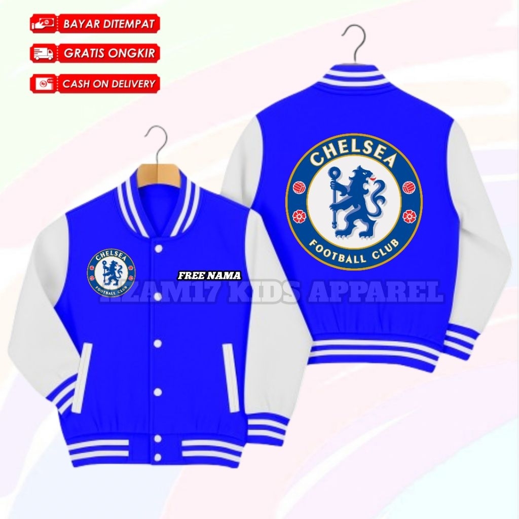 Varsity Jacket Chelsea FC เสื้อแจ็คเก็ตเบสบอลสําหรับเด็ก ชื่อฟรี / เสื้อแจ็คเก็ตเบสบอล Chelsea Footb