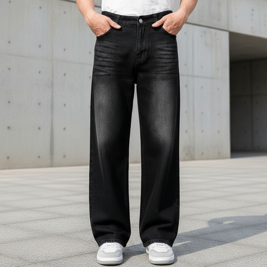 EMKAA - กางเกงหลวมผู้ชายตรง Baggy กางเกงยีนส์ Oversize Wide Baggy Jeans Skena Black Wishker