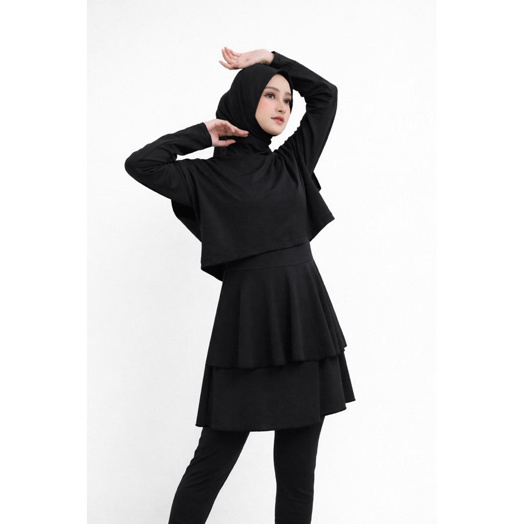 ZAWA Stella Muslimah ชุดว่ายน้ําตารางสีดํา - ชุดว่ายน้ํามุสลิมแบบสปอร์ต Siyari สําหรับวัยรุ่น