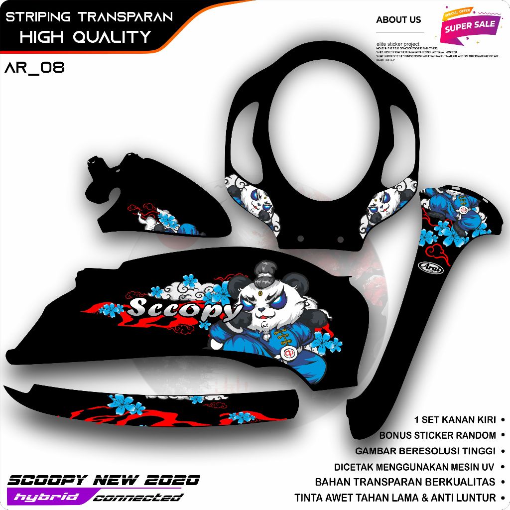 แถบตัวแปรสําหรับ HONDA SCOOPY 2020, COOL, ใหม่ล่าสุด PANDA ANIMATED CARTOON MOTIF STICKER