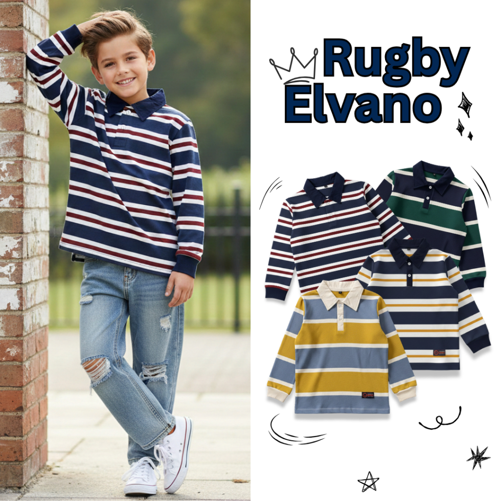 เสื้อโปโลรักบี้แขนยาวลายทาง Elvano สําหรับเด็กผู้ชายเสื้อเชิ้ตลําลองระดับพรีเมียม เย็นสบาย